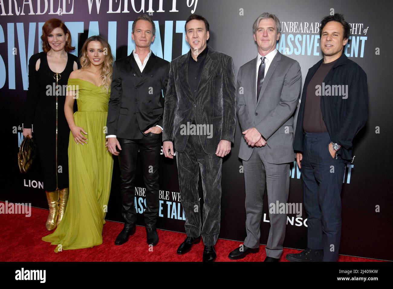 New York, USA. 10th Apr, 2022. (L-R) Kristin Burr, Lily Sheen, Neil Patrick Harris, Nicolas Cage, and Kevin Turen attend the New York premiere of 'The Unbearable Weight of Massive Talent' at Regal Essex Crossing in New York, NY, April 10, 2022. (Photo by Anthony Behar/Sipa USA) Credit: Sipa USA/Alamy Live News Stock Photo