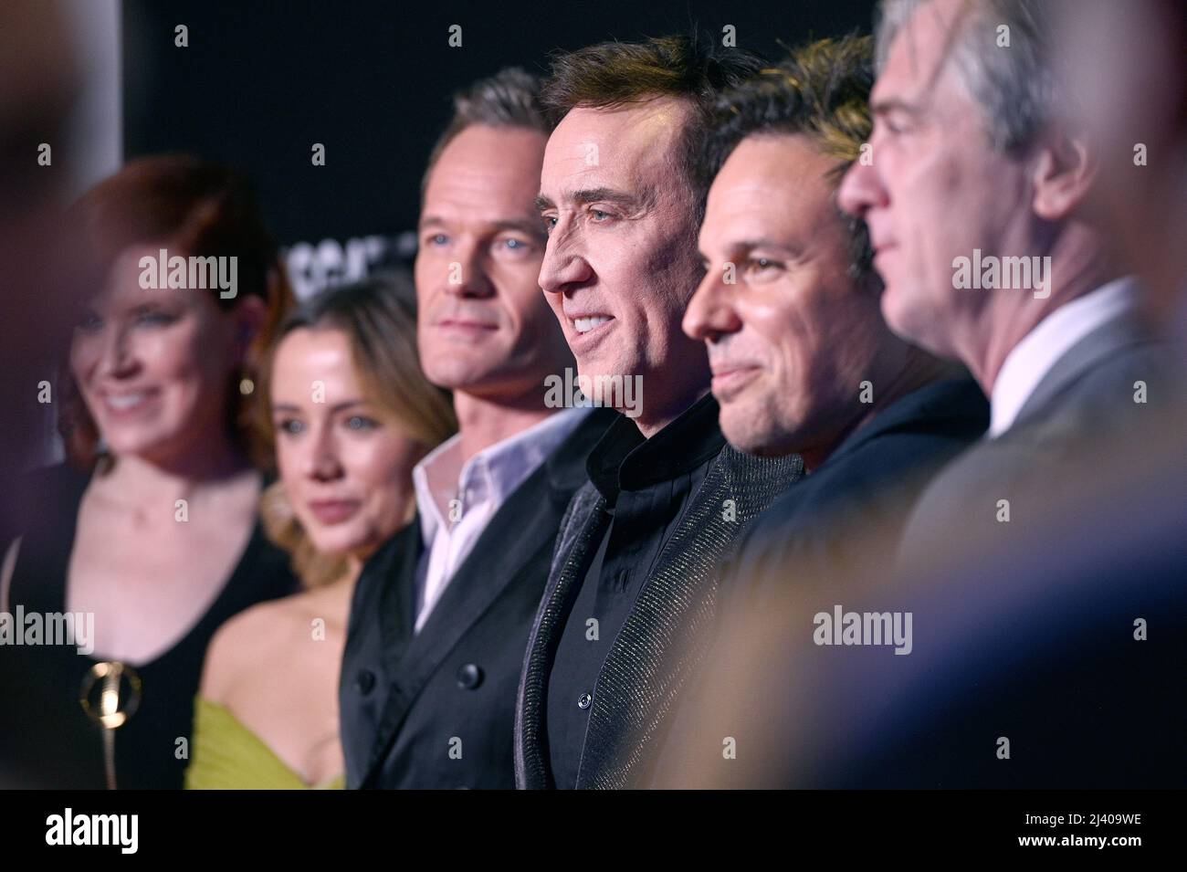 New York, USA. 10th Apr, 2022. (L-R) Kristin Burr, Lily sheen, Neil Patrick Harris, Nicolas Cage, Kevin Turen and Mike Nilon attend the New York premiere of 'The Unbearable Weight of Massive Talent' at Regal Essex Crossing in New York, NY, April 10, 2022. (Photo by Anthony Behar/Sipa USA) Credit: Sipa USA/Alamy Live News Stock Photo
