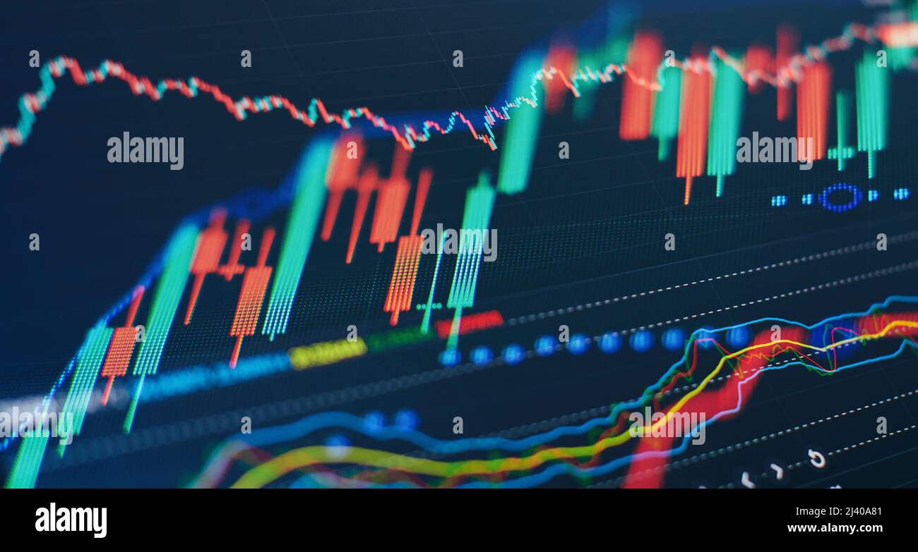 Technical price graph and indicator, red and green candlestick chart on  blue theme screen, market volatility, up and down trend. Stock trading,  crypto Stock Photo - Alamy
