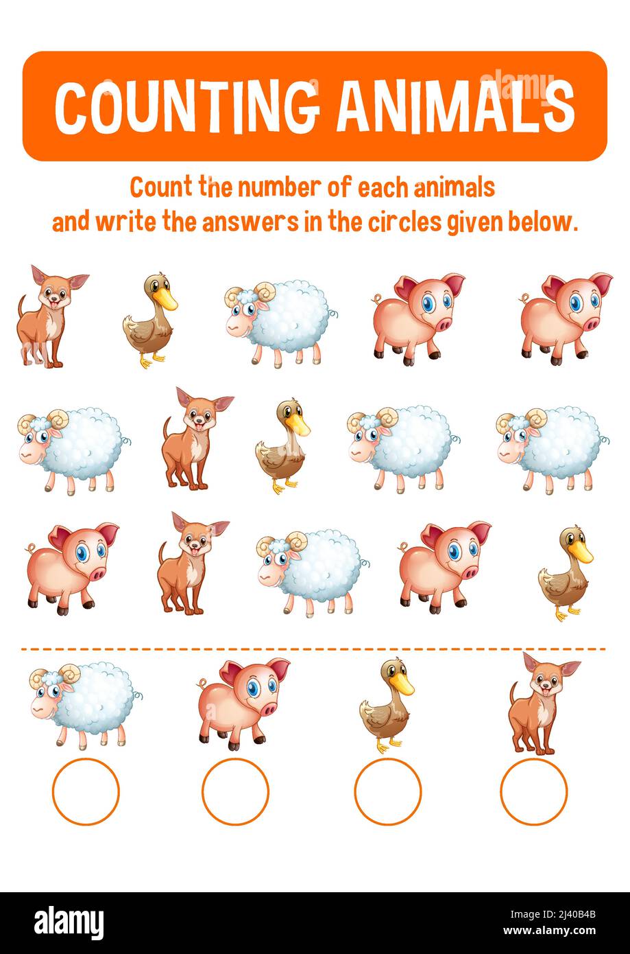 Worksheet design for counting animals illustration Stock Vector