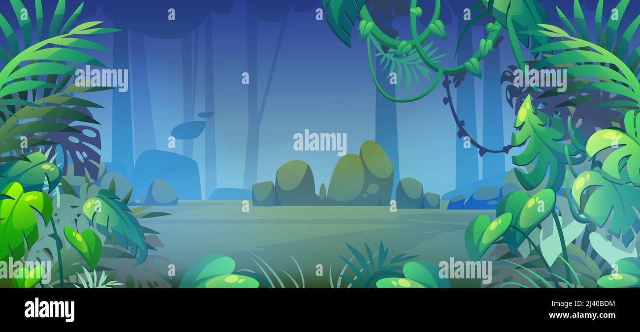Jungle or rainforest landscape, tropical forest cartoon background, 2d game interface with parallax effect. Panoramic wallpaper with green plants, lianas, rocks and trees frame, Vector illustration Stock Vector Image & Art - Jungle or rainforest landscape, tropical forest cartoon background, 2d game interface with parallax effect. Panoramic wallpaper with green plants, lianas, rocks and trees frame, Vector illustration Stock Vector Image & Art -