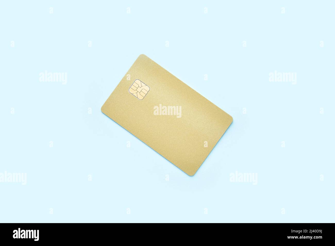 Plastic credit card mockup. Color blue and gold background. Atm empty debit payment. Currency shopping with stripe Stock Photo