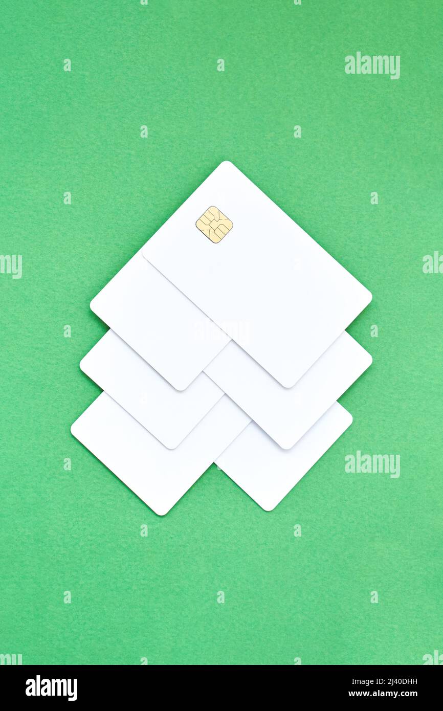 Plastic credit card mockup and chip. green Color background. Atm empty debit payment. Currency shopping with stripe. Christmas tree shape Stock Photo
