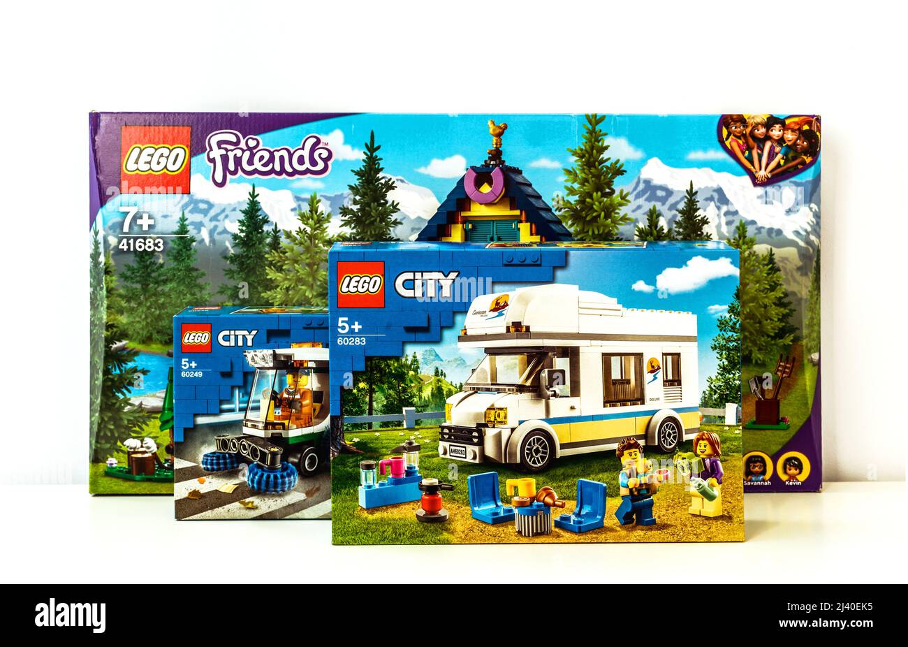 2021: package cardboard boxes of Lego plastic constructor on white Stock Photo