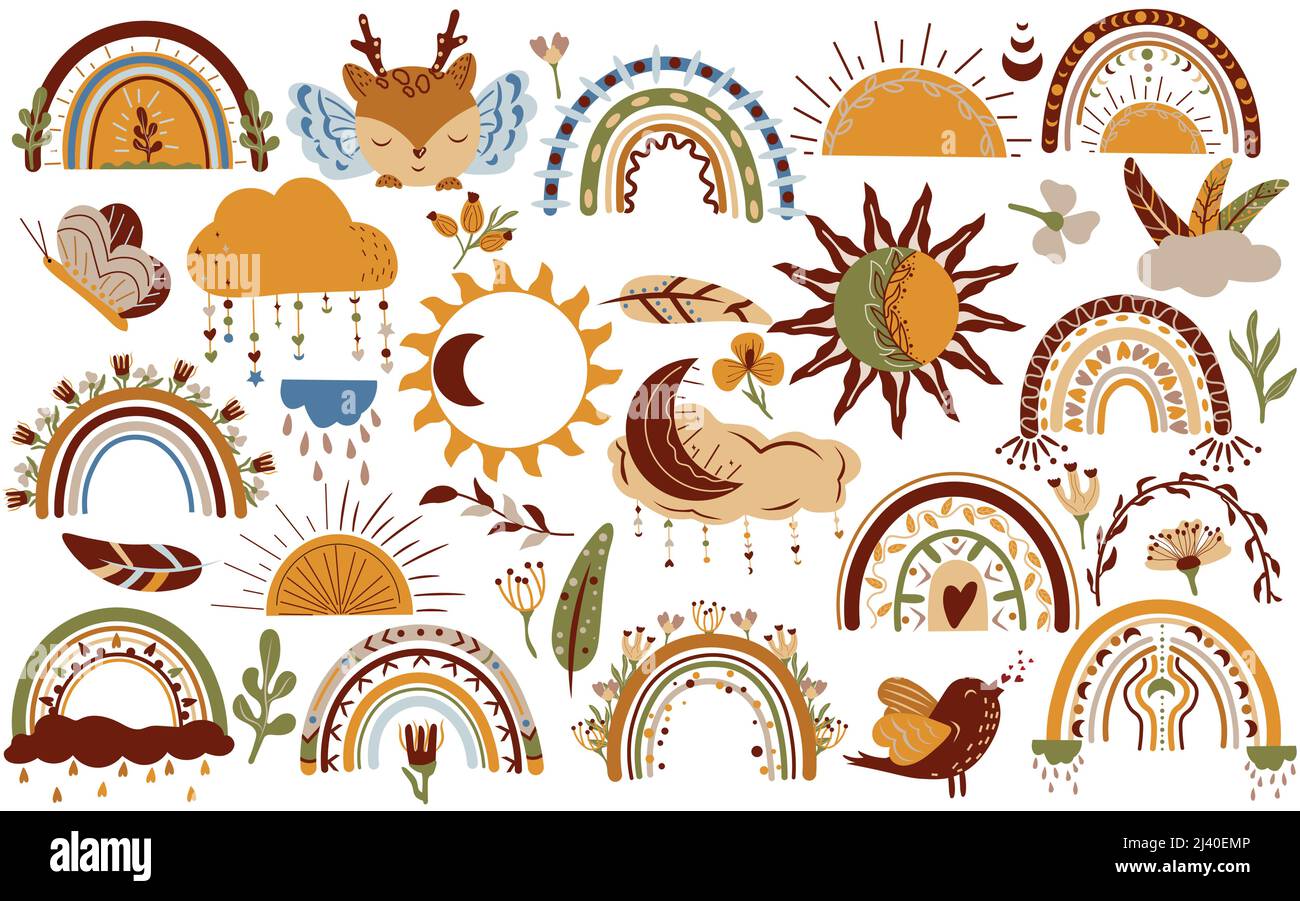 Boho elements, cloud, sun, rainbow, flowers, animal, leaves, bird. Modern  illustration in pastel colors. Vector illustration Stock Vector Image & Art  - Alamy