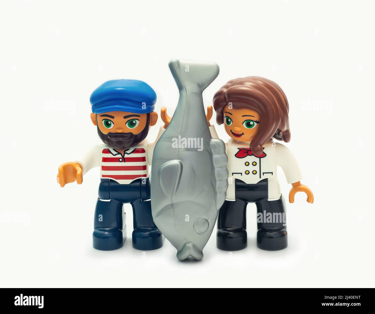 2021: Lego constructor Friends serie, Sea wolf and Sea boy with a trophy fish Stock Photo