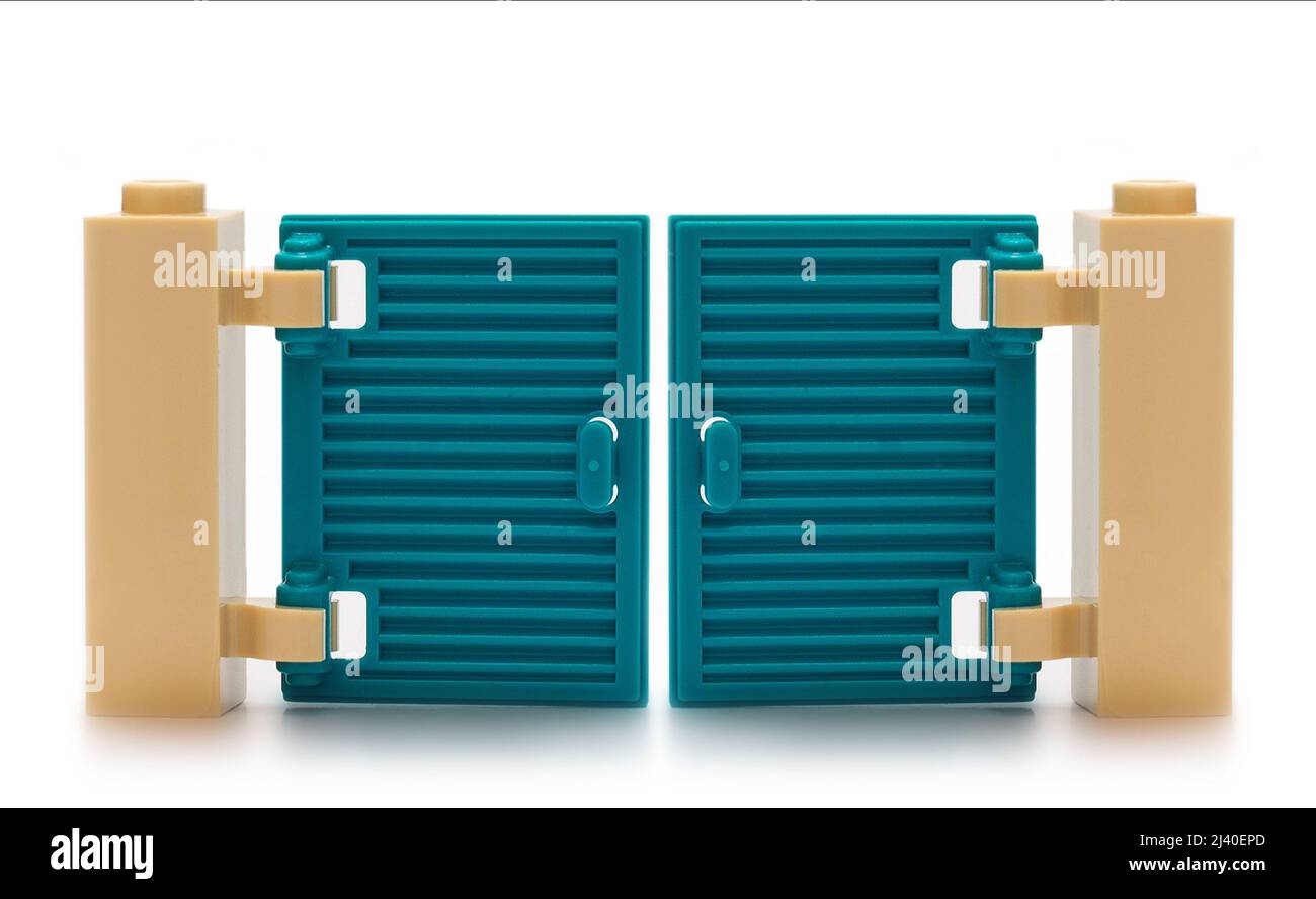 2021: Lego constructor house elements on white Stock Photo