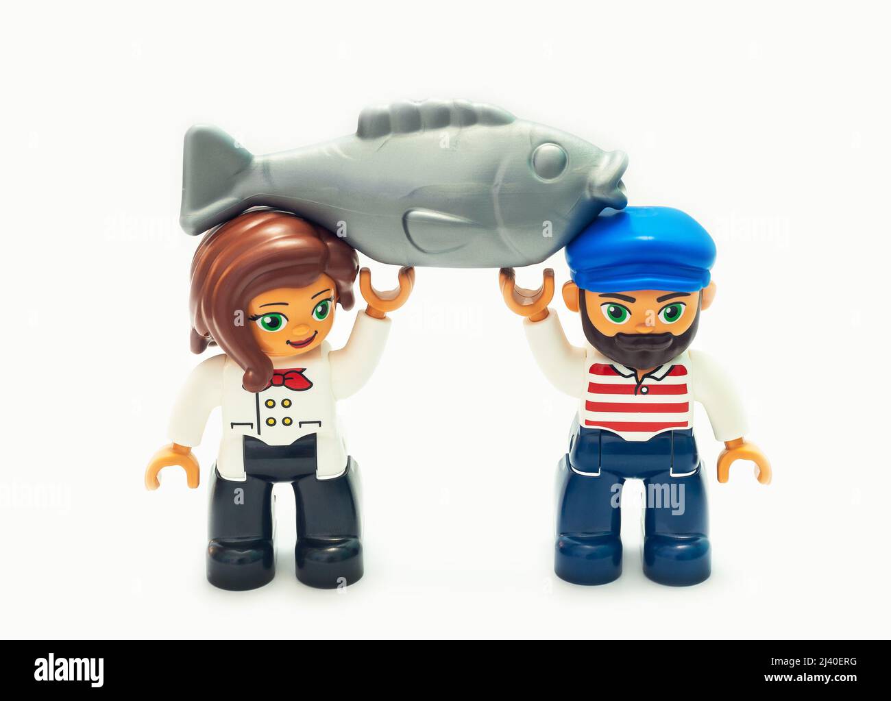 2021: Lego constructor Friends serie, Sea wolf and Sea boy with a trophy fish Stock Photo