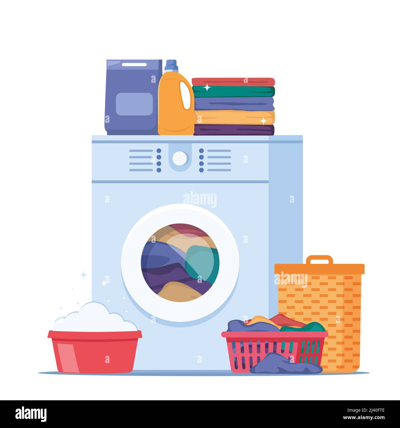 Laundry infographics with sequence of four different stages of washing process. Washing clothes. Dirty linen, washing machine, pile of clean clothes. Stock Vector