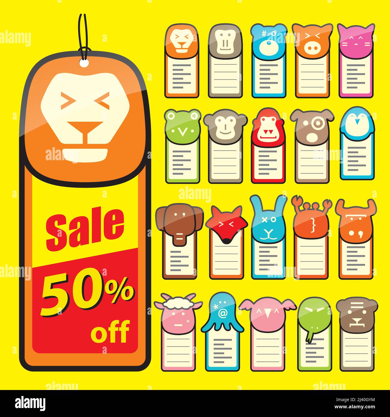 animal face flat label set Stock Vector