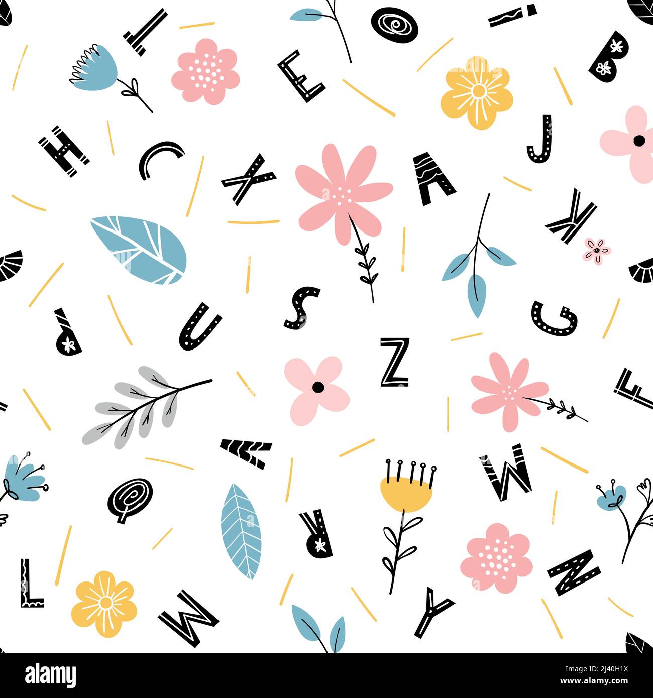 Cute seamless pattern with flowers and alphabet letters on white background, for baby fabric, scrapbooking, hobby. Naive simple flat design elements. Stock Vector