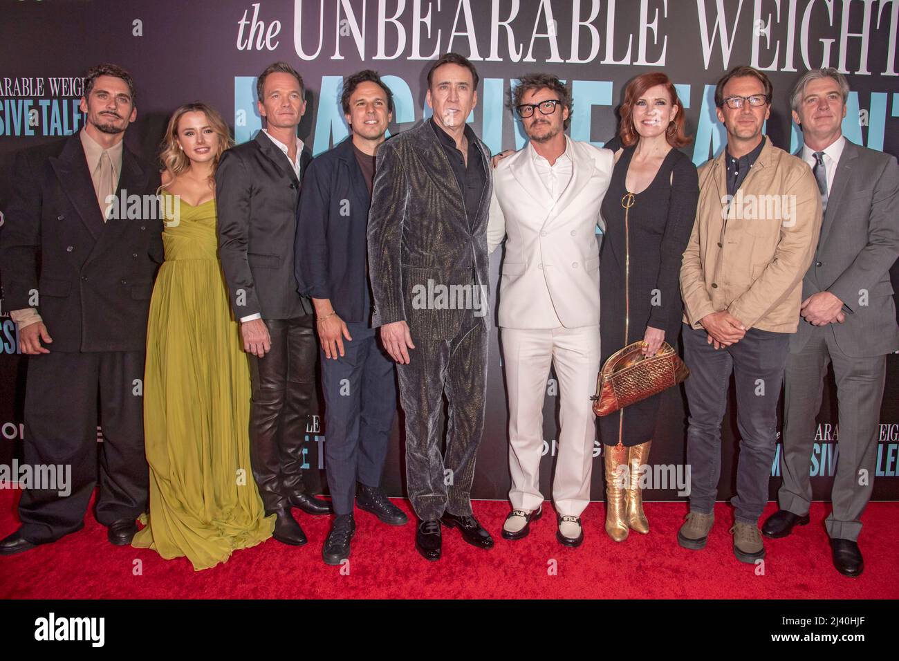 NEW YORK, NEW YORK - APRIL 10: Paco León, Lily Sheen, Neil Patrick Harris, Kevin Turen, Nicolas Cage, Pedro Pascal, Kristin Burr, Kevin Etten and Mike Nilon attend 'The Unbearable Weight Of Massive Talent' New York Screening at Regal Essex Crossing on April 10, 2022 in New York City. Stock Photo