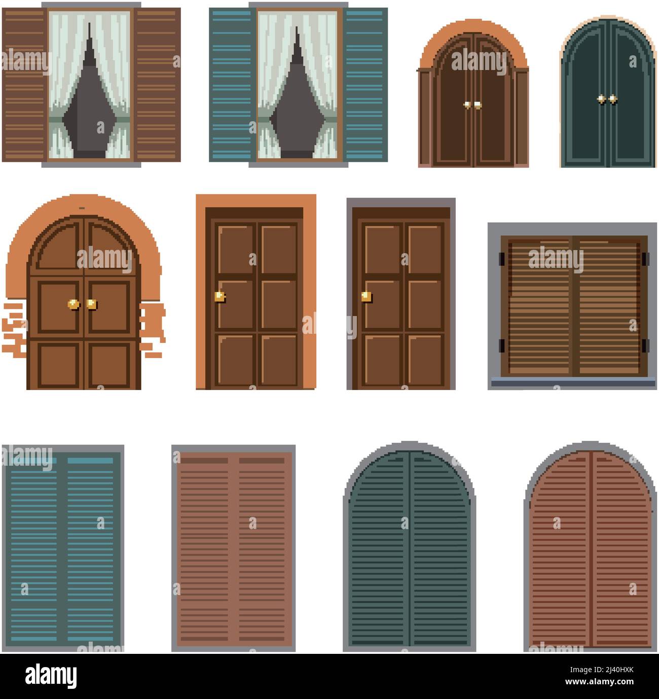 Set of different vintage windows and doors illustration Stock Vector