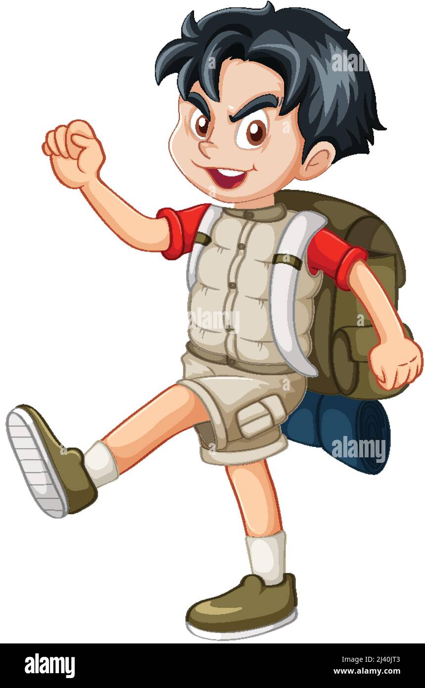 Happy little boy in camping outfit with backpack illustration Stock ...
