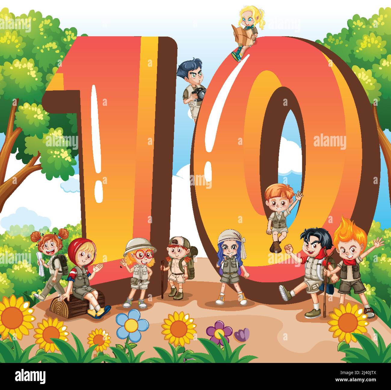 Ten kids with number ten cartoon illustration Stock Vector Image & Art ...