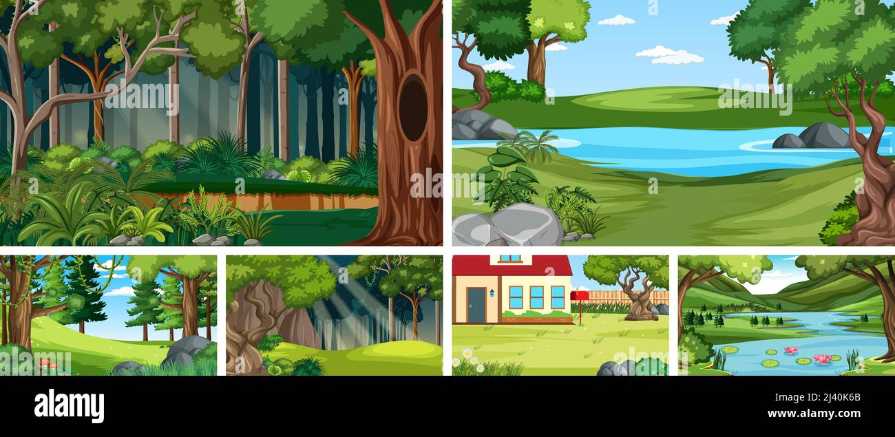Nature scene with many trees and river illustration Stock Vector Image ...