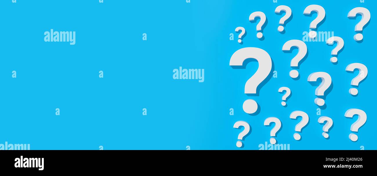 Question sing in panoramic blue studio background with space for text ...