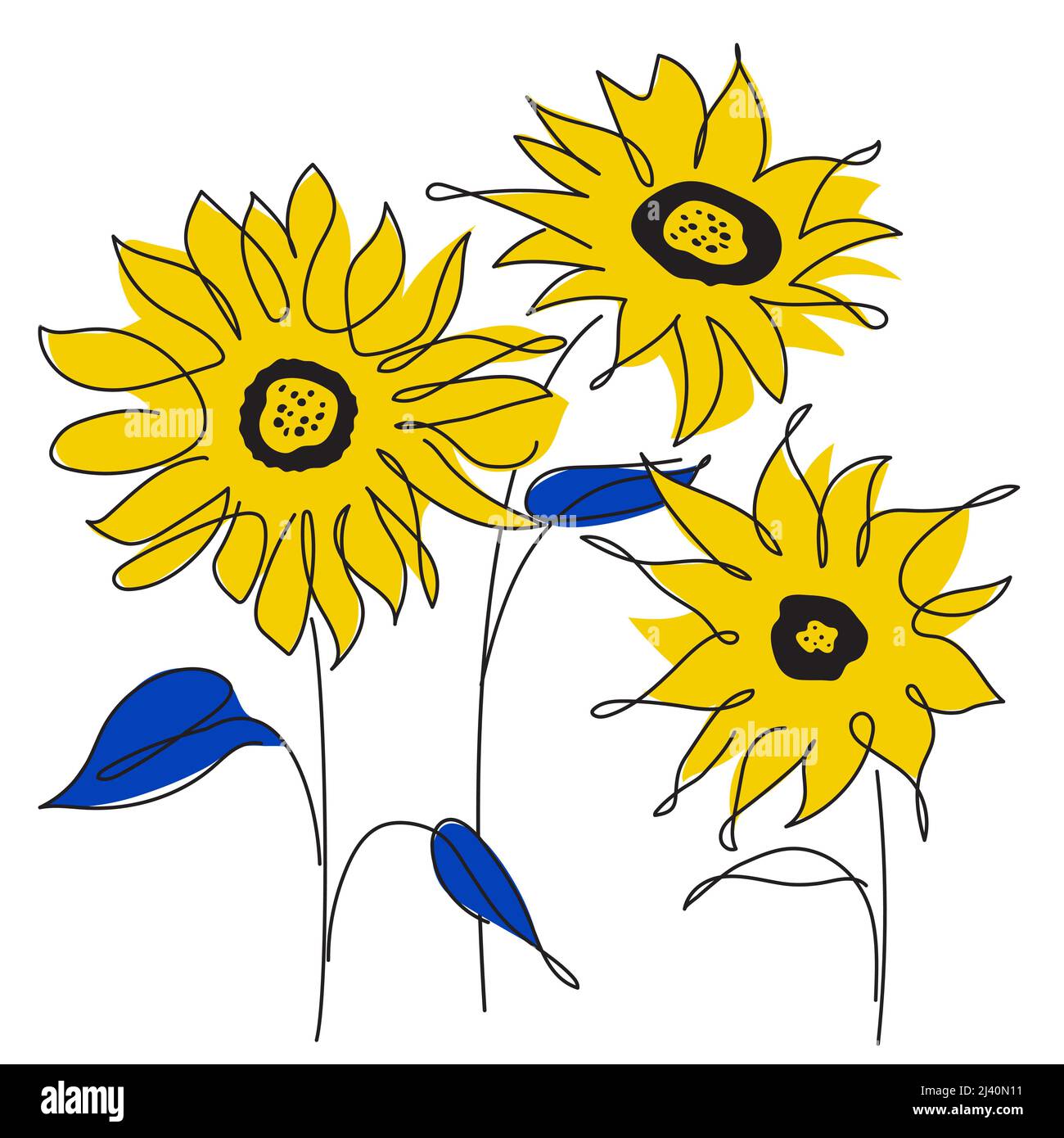 Vector illustration with Ukraine tradition flower, sunflower. Global politics, NO WAR, aggression problem picture in continuous line art style Stock Vector