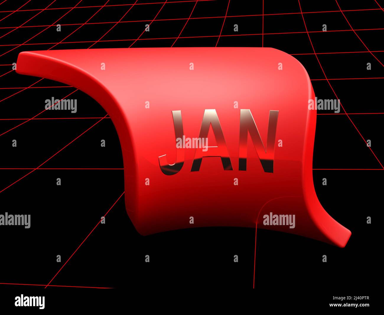 JAN for January metallic write on red curved flag on black background ...