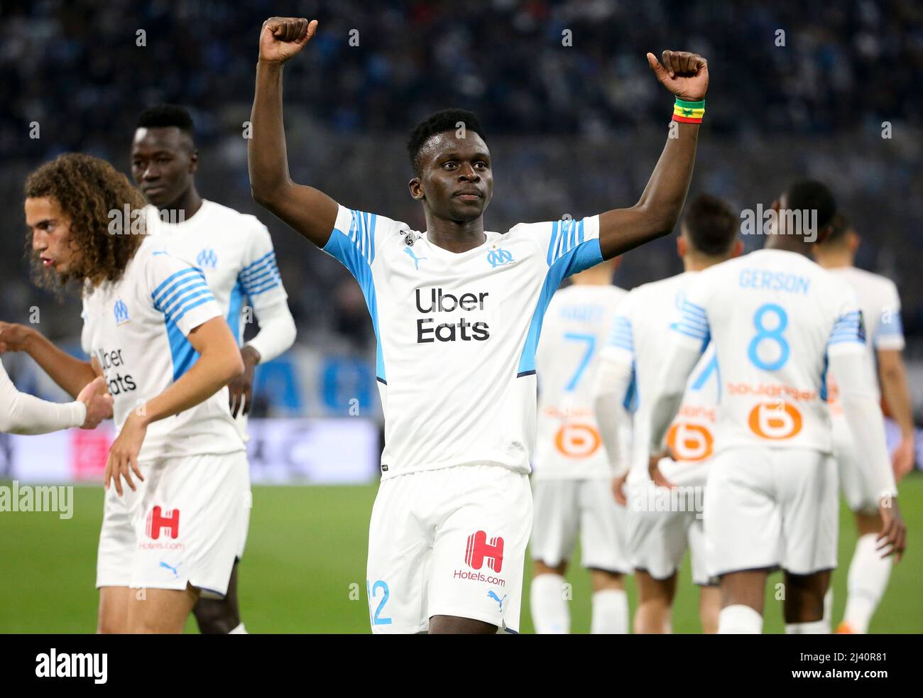 Bamba Dieng of Marseille celebrates his goal during the French championship  Ligue 1 football match between Olympique de Marseille (OM) and Montpellier  HSC (MHSC) on April 10, 2022 at Stade Velodrome in