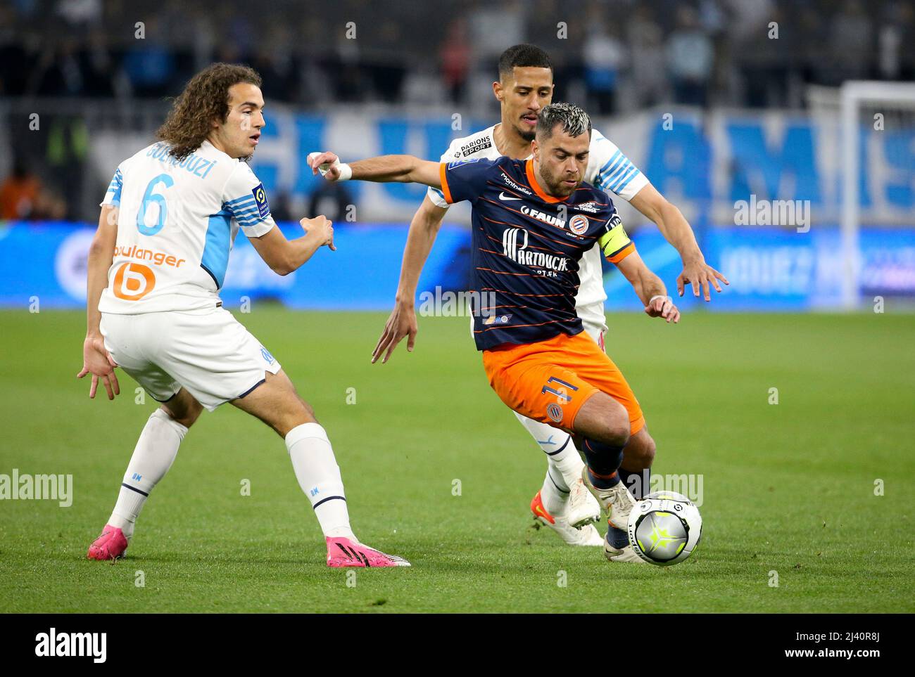 Teji Savanier of Montpellier, William Saliba of Marseille during the French  championship Ligue 1 football match between Olympique de Marseille (OM) and  Montpellier HSC (MHSC) on April 10, 2022 at Stade Velodrome