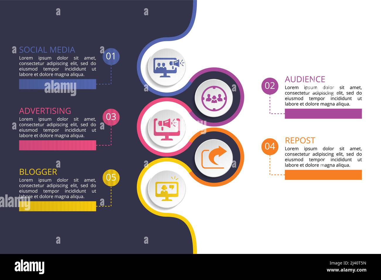 Infographic Social Media template. Icons in different colors. Include ...