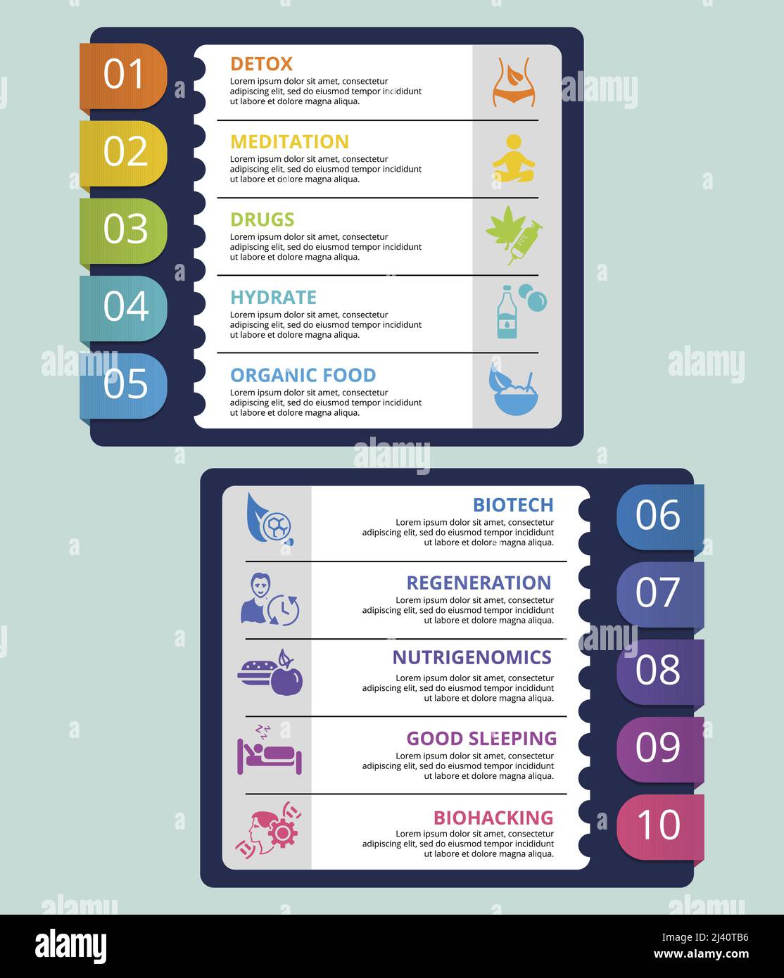 Infographic Biohacking template. Icons in different colors. Include ...