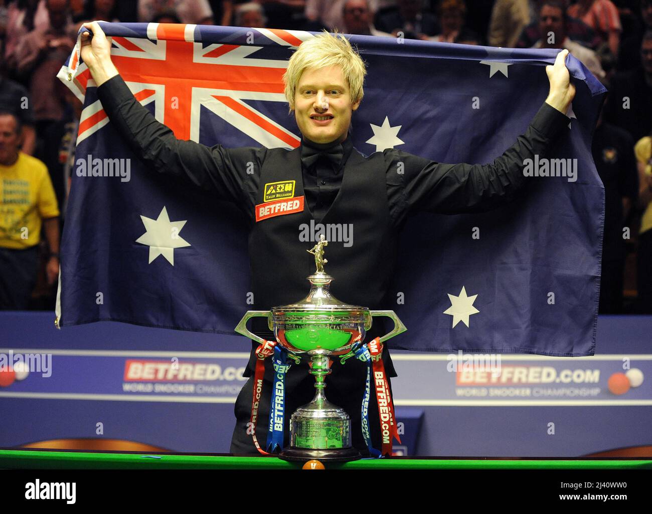 File photo dated 03-05-2010 of Neil Robertson with the trophy. I think Neil is favourite the way he's playing at the moment, the only question mark is the fact that he doesn't like it. Issue date: Monday April 11, 2022. Stock Photo