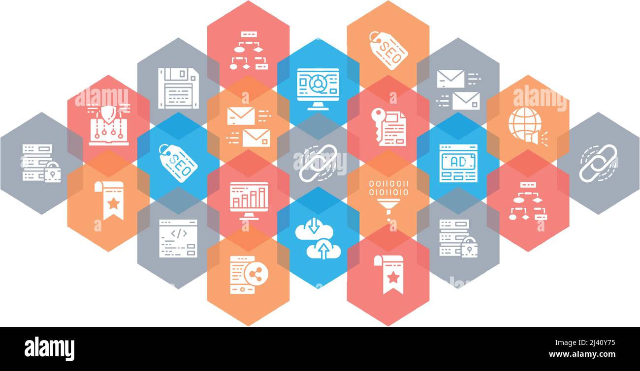 SEO line icons banner. Bookmark, Hosting, Hyperlink, Advertisement, Data Transfer concept set icon. Flat Vector Illustration. Stock Vector