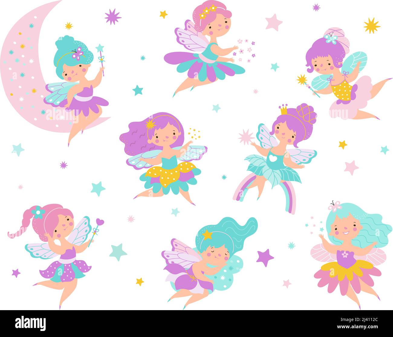 Fairy little princess. Cartoon cute fairies flying and rest on moon. Child  tale doll and magic characters. Pretty dancers from children book, nowaday  Stock Vector Image & Art - Alamy
