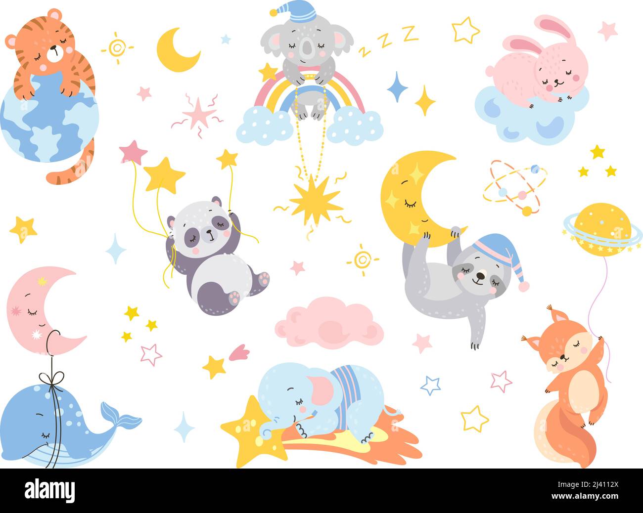 Cute sleeping animals. Cartoon sleep characters on moon and rainbow. Baby panda, rabbit on cloud and fox. Funny newborn shower party nowaday vector Stock Vector