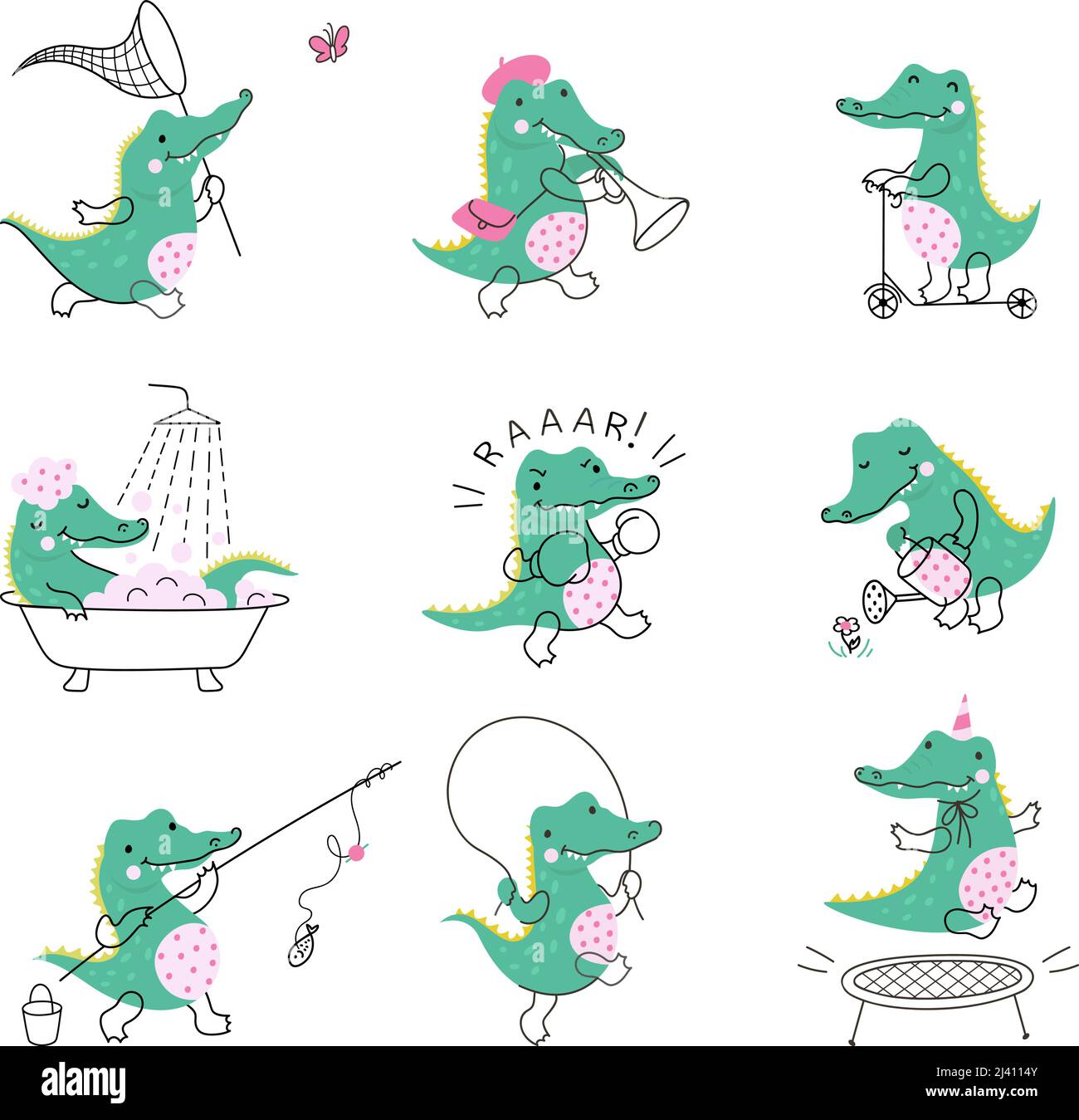 Cartoon crocodile characters. Cute wild crocodiles in humorous situations. Green animal from africa jumping, running, fishing. Nowaday childish vector Stock Vector
