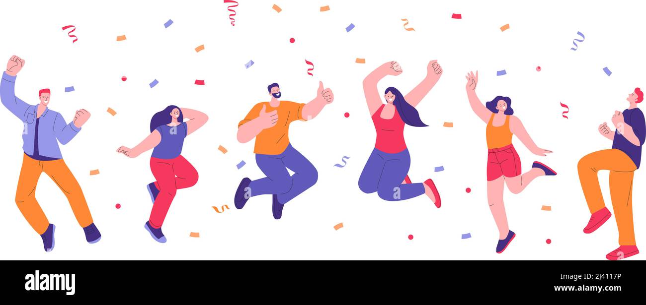 Happy adults celebrating. Jump people and falling confetti. Fun jumping