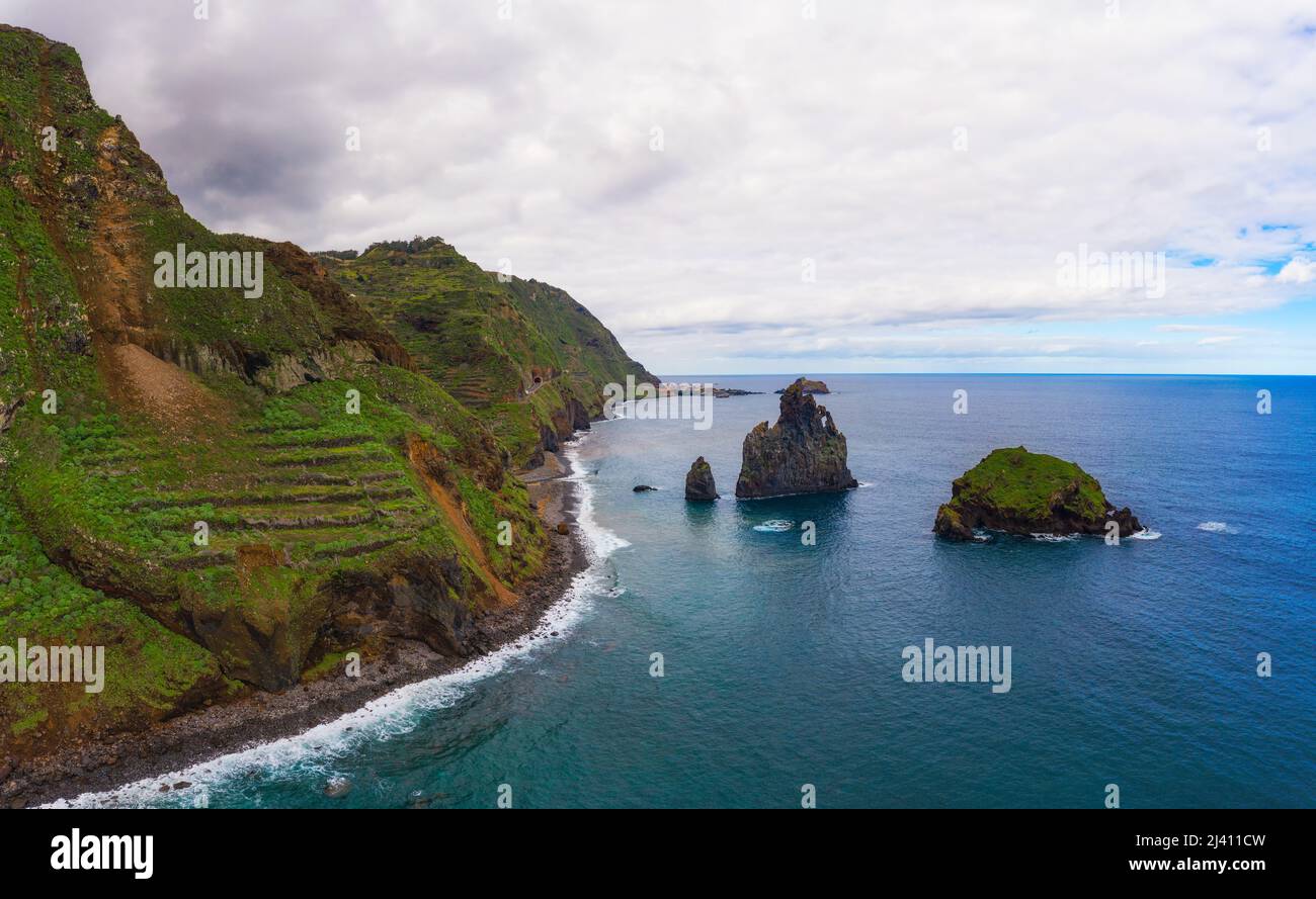 Aerial view of Ribeira da Janela volcanic sea stacks in Madeira island, Portugal Stock Photo