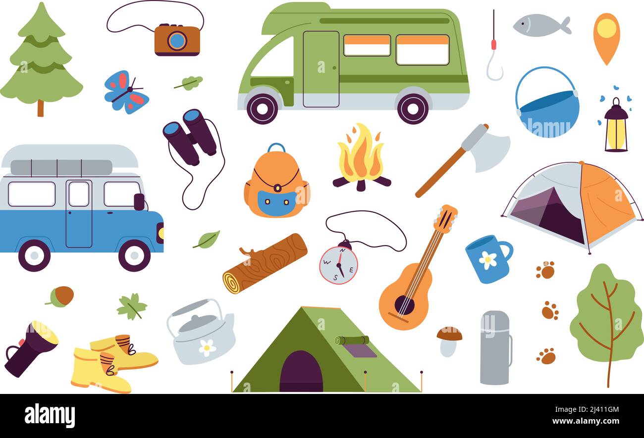 Camping outdoor elements. Summer camp adventures, hiking accessories. Tent  and campers, home on wheels. Travel on nature decent vector objects Stock  Vector Image & Art - Alamy