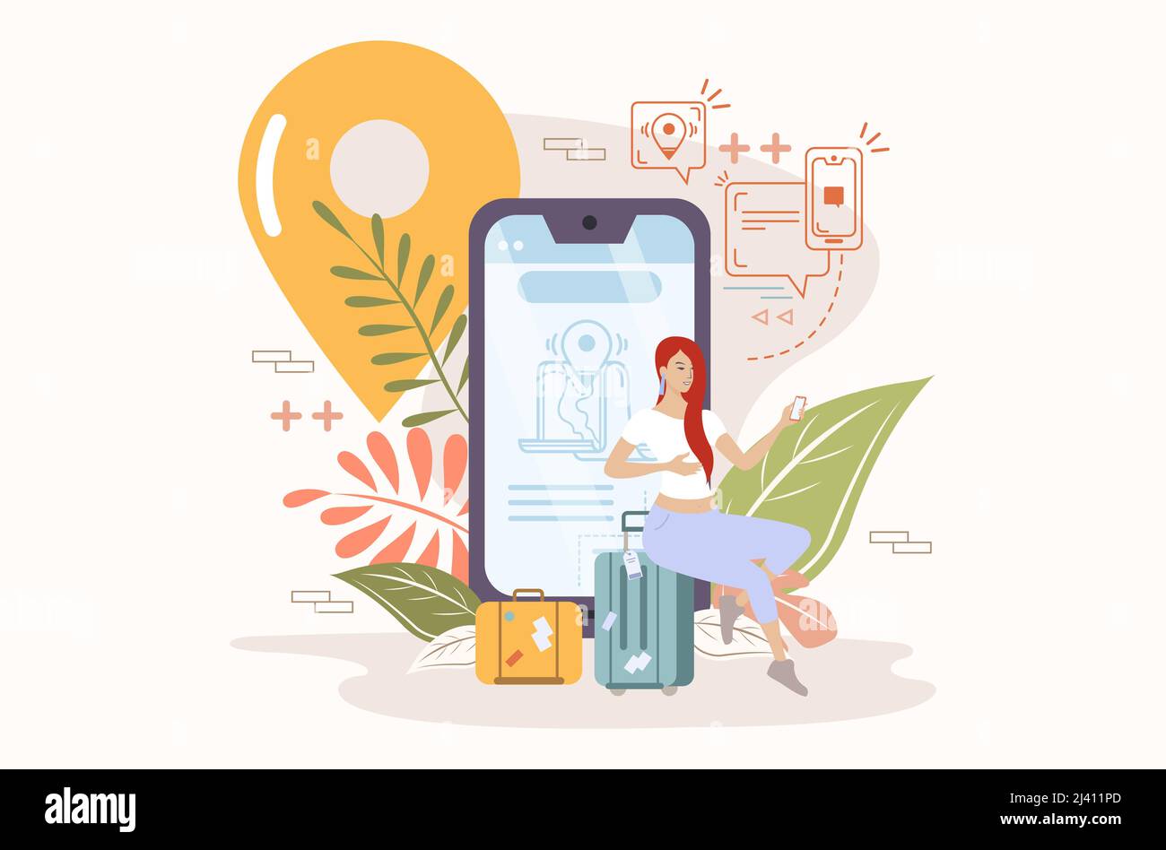 Woman looking for an air or train ticket on her smartphone with her bags packed. location icon. Vector illustration Stock Vector