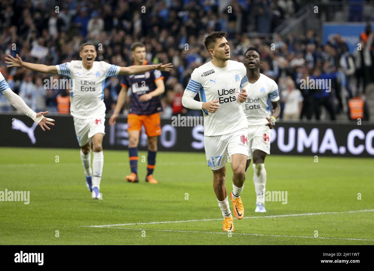Cengiz Under of Marseille celebrates his goal during the French  championship Ligue 1 football match between Olympique Lyonnais (Lyon) and  Olympique de Marseille on April 23, 2023 at Groupama stadium in  Decines-Charpieu