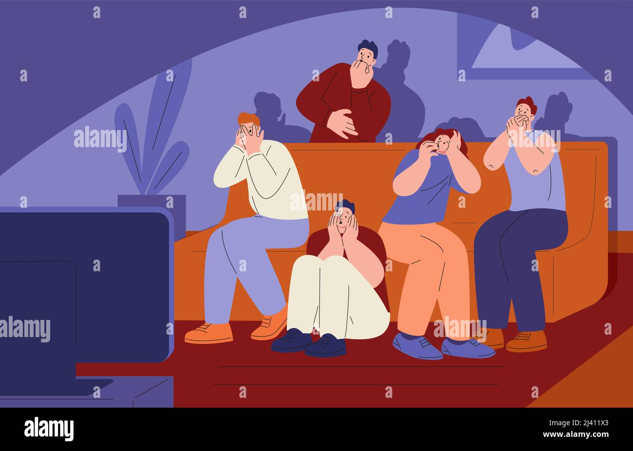 Friends watch horror. Watching film and scared together. Movie or tv show, man woman sitting on sofa at home. Teenagers or kicky young adults party Stock Vector