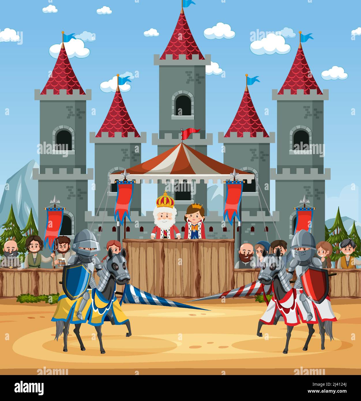 Medieval castle scene with armour warriors fighting illustration Stock ...