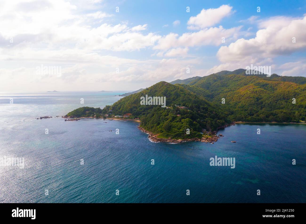 Aerial view of the island of Praslin, Seychelles, east Africa Stock Photo