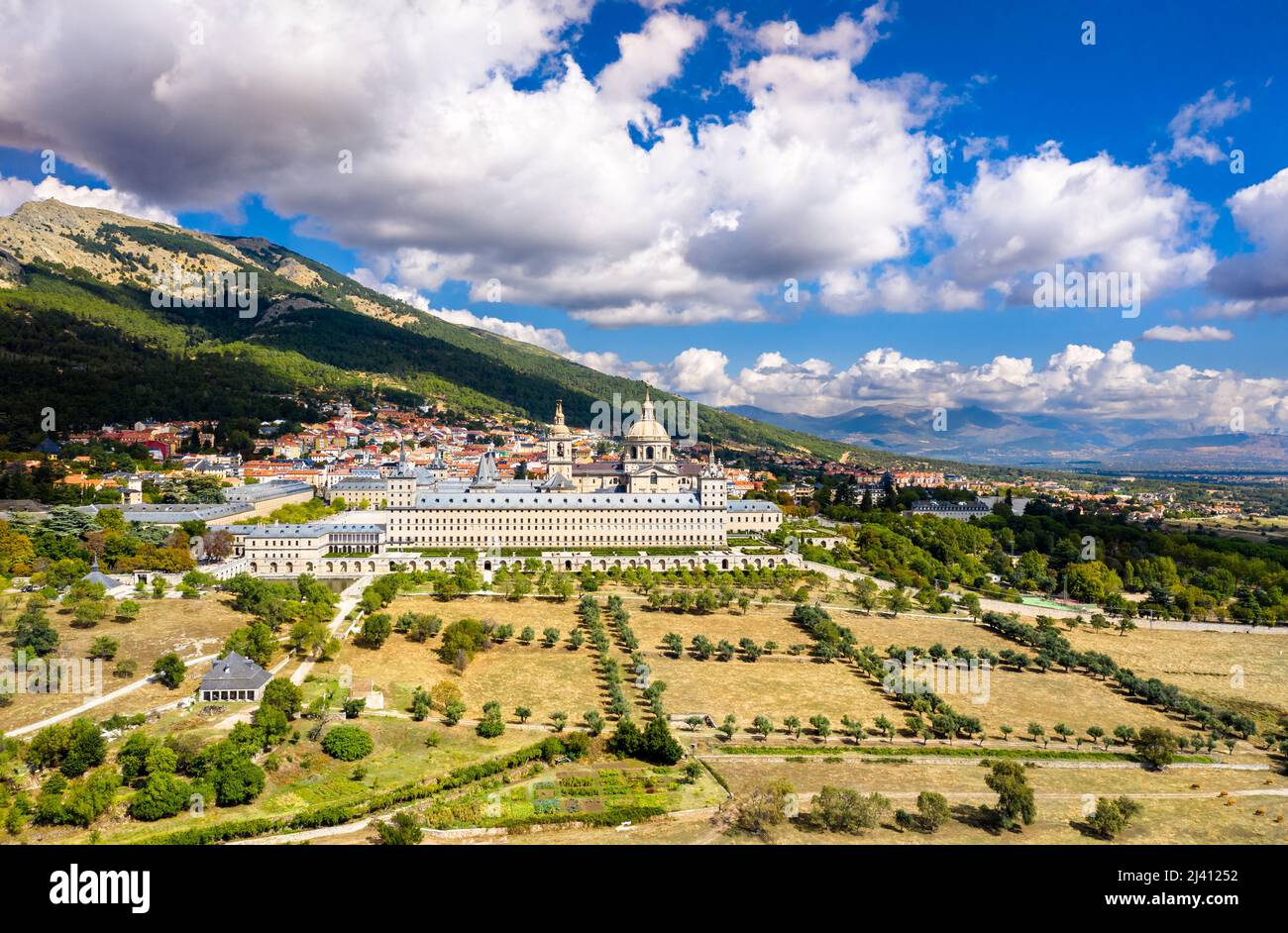 Aerial view of the Royal Monastery of San Lorenzo de El Escorial near Madrid, Spain Stock Photo