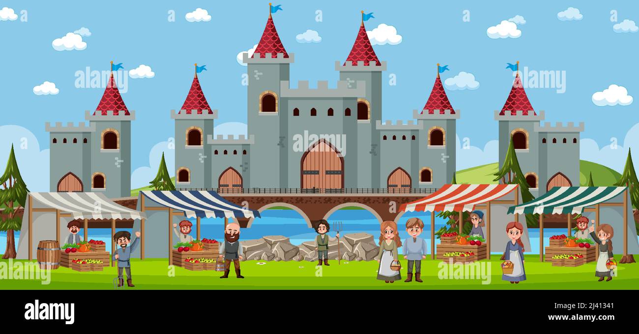 Medieval town scene with villagers at the market illustration Stock ...