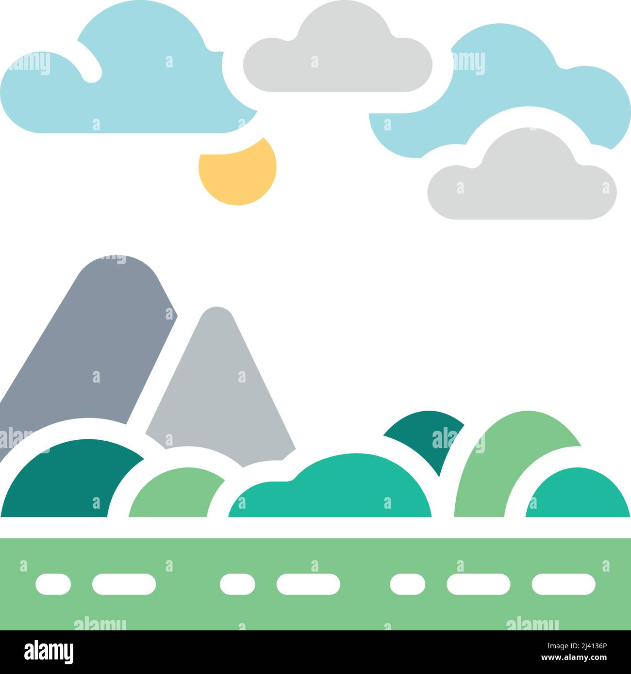 Vector hills, mountain landscape white line icon. Symbol and sign ...