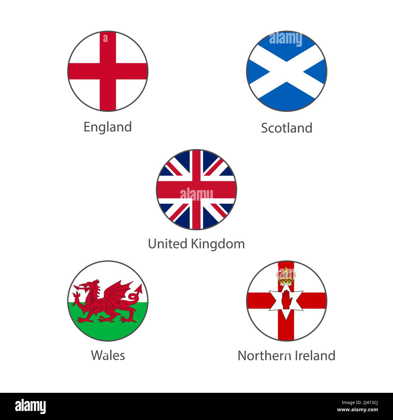 Flags of United Kingdom and England, Scotland, Northern Ireland and Wales. Vector illustration Stock Vector