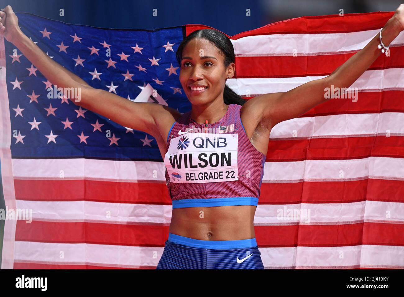 Ajee Wilson with the EEUU flag at the Belgrade 2022 Indoor World ...