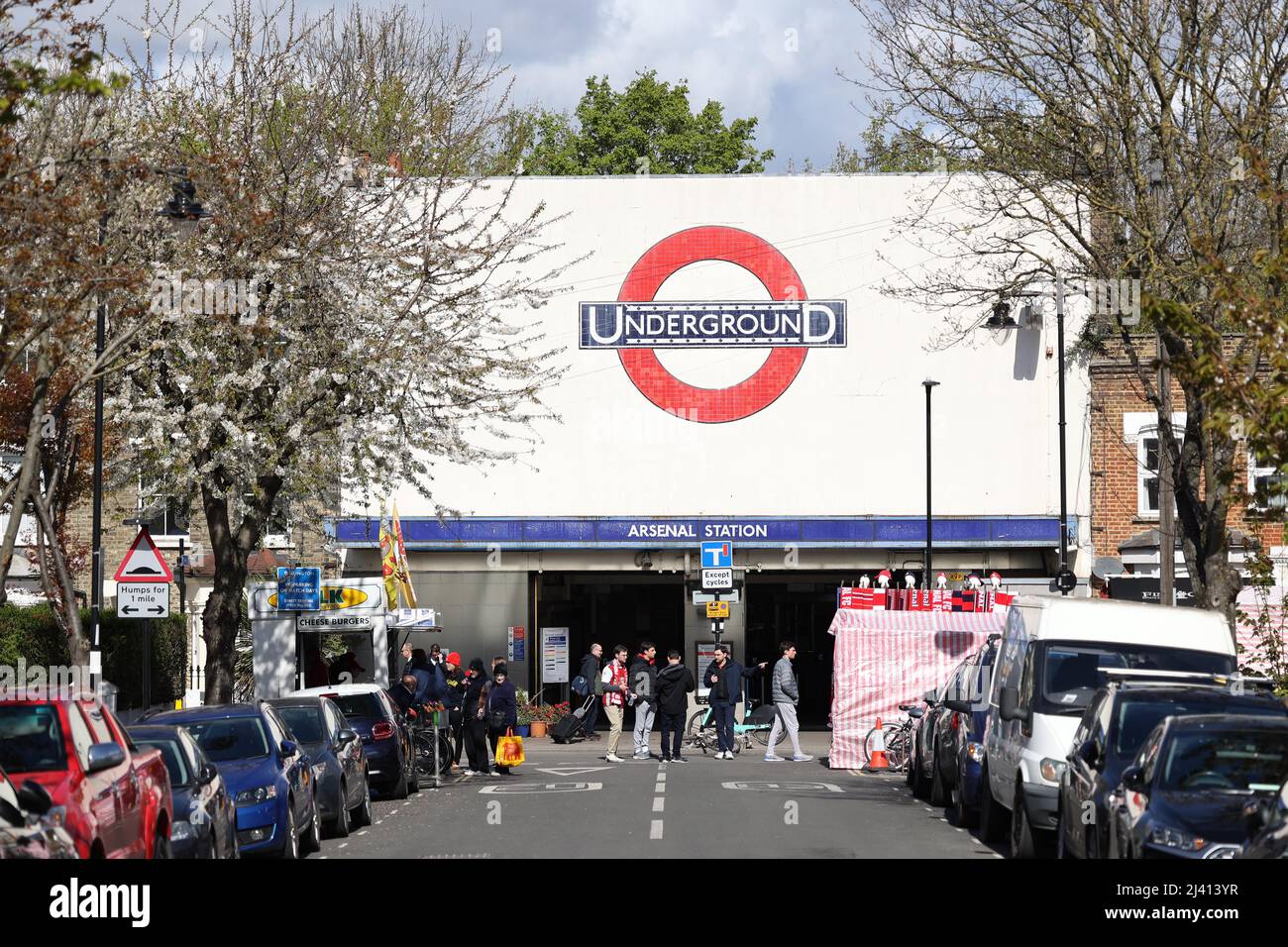 A stall selling unofficial Arsenal FC merchandise outside Arsenal Tube