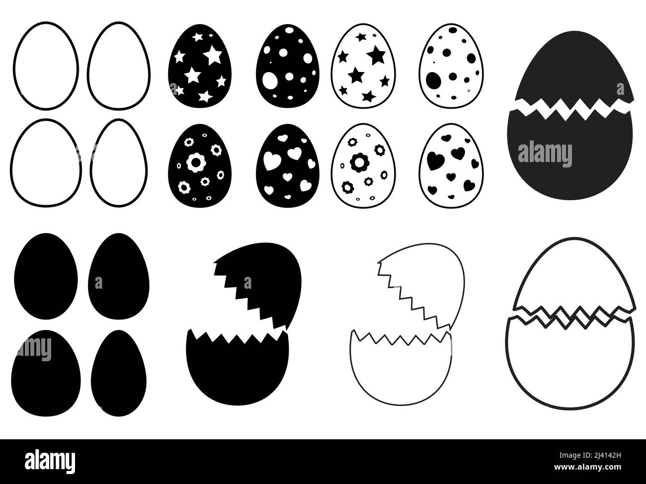 easter egg icon set. silhouette and outline design.Vector illustration isolated on white background. Stock Vector