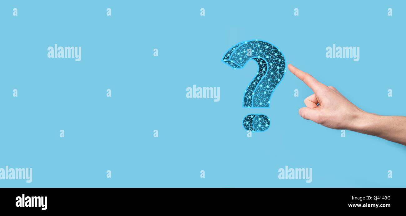 Question mark. 3d abstract on dark background with dots and stars. Ask symbol. Help support, faq problem symbol, think education concept, confusion se Stock Photo