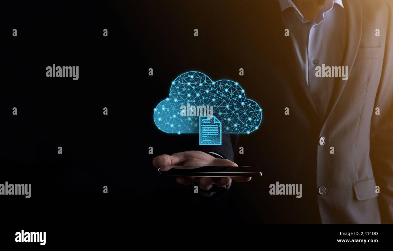 Cloud technology. Polygonal wireframe cloud storage sign with document icon on dark blue. Cloud computing, big data center, future infrastructure, dig Stock Photo