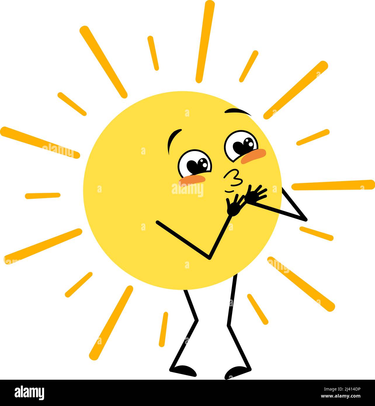 Cute sun character with love emotions, happy face, smile, arms and legs. Person with happy expression and pose. Vector flat illustration Stock Vector